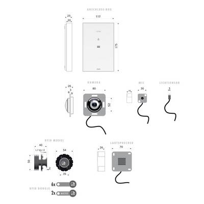 Diagramm zeigt die Komponenten einer Überwachungskamera: Anschluss-Box, Kamera, Mikrofon, Lichtsensor, RFID-Modul, Lautsprecher.