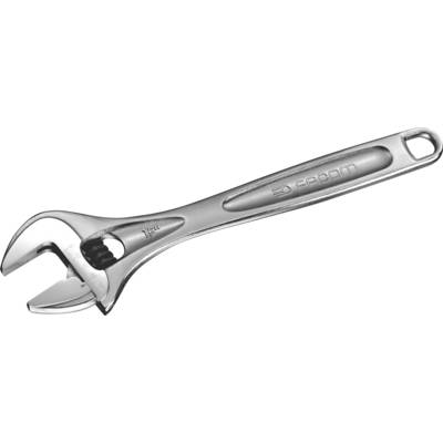 Ein verstellbarer Schraubenschlüssel aus Metall. Der Griff ist lang und schmal, die Backen sind geöffnet und leicht bogenförmig.