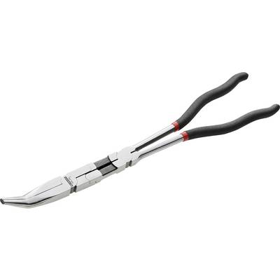Eine gebogene, lange Spitzzange mit schwarzem Griff und Metallspitzen, verwendet für schwer erreichbare Stellen.