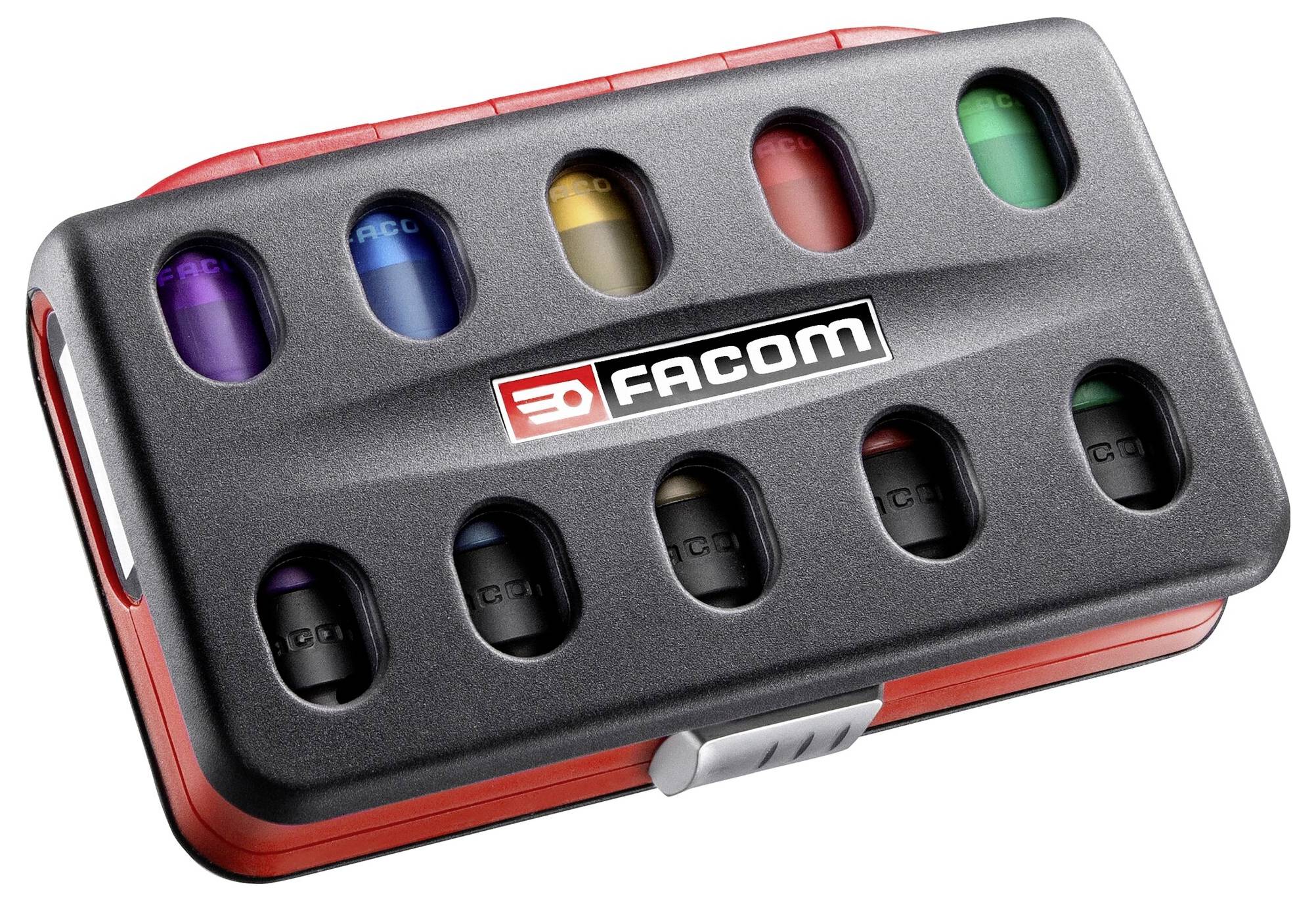 Ein Satz bunter Stecknüsse in einer schwarzen Halterung mit 'Facom'-Logo darauf.