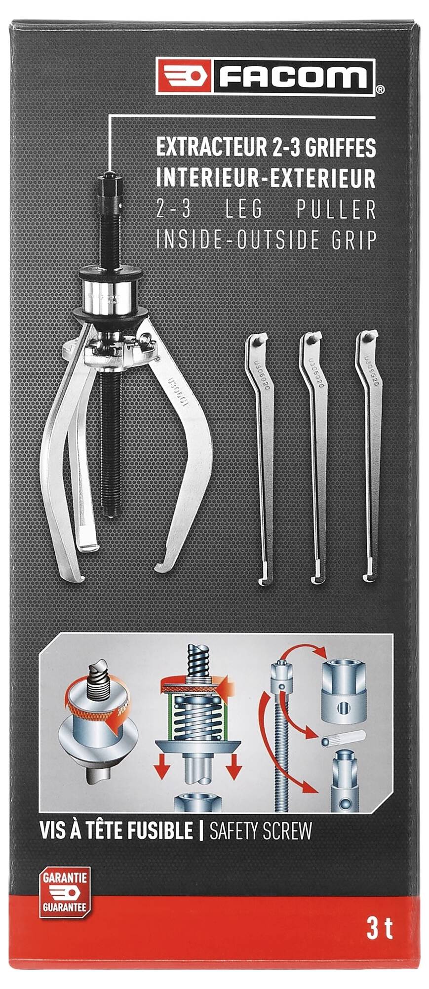 'Facom 2-3 Griffauszieher für Innen- und Außenbereich, mit Sicherungsschraube, 3t Kapazität. Enthält Schema zur Anwendung.'