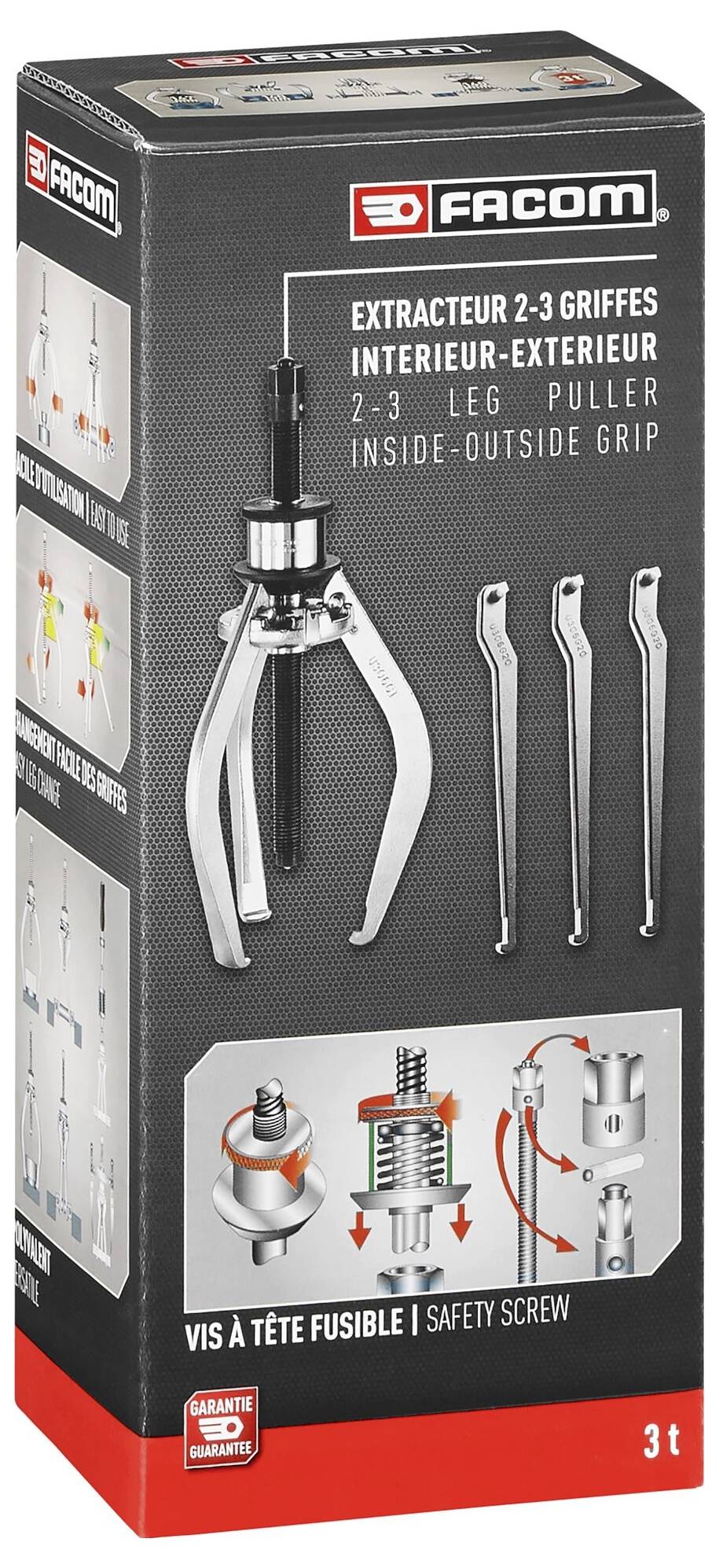 Verpackung eines 2-3-Arm-Abziehers der Marke Facom. Zeigt den Abzieher, Ersatzteile und Beschreibungen in verschiedenen Sprachen.