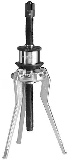 Ein Dreiklauen-Abzieher mit einer zentralen Schraube, der zum Abnehmen von Zahnrädern oder Lagern von einer Welle verwendet wird, in einem mechanischen Kontext dargestellt.