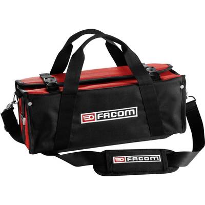 Eine schwarz-rote Werkzeugtasche mit Tragegriffen und Schultergurt, zeigt das 'FACOM'-Logo in der Mitte.