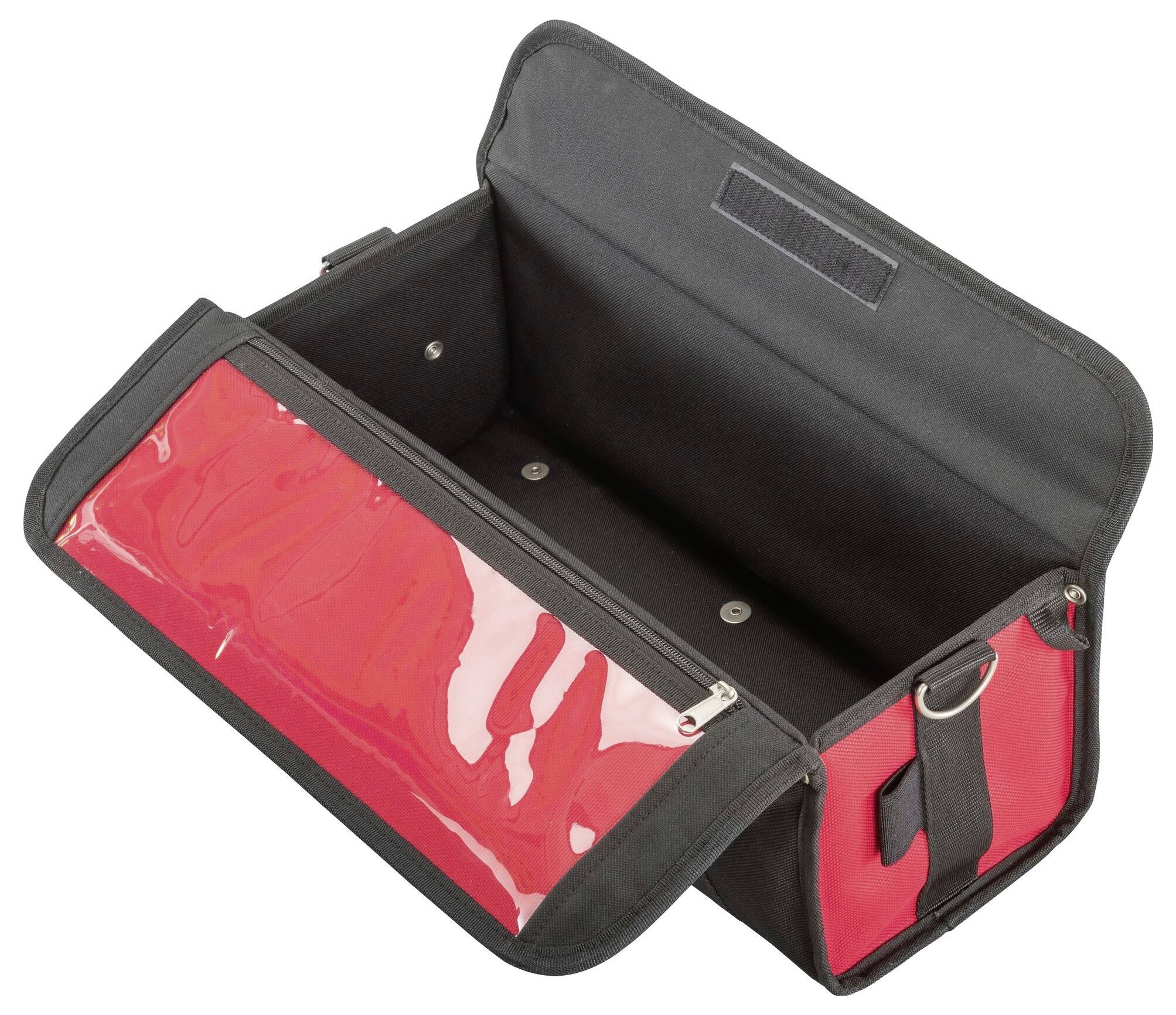 Schwarze Werkzeugtasche mit rotem Aufklappdeckel und Klettverschluss, geöffnet und leer. Ideale Aufbewahrung für Werkzeuge.