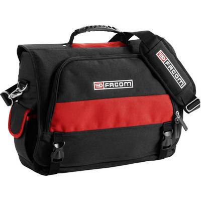 Eine schwarze und rote Werkzeugtasche mit einem Schulterriemen und mehreren Fächern, trägt das Logo 'Facom'.