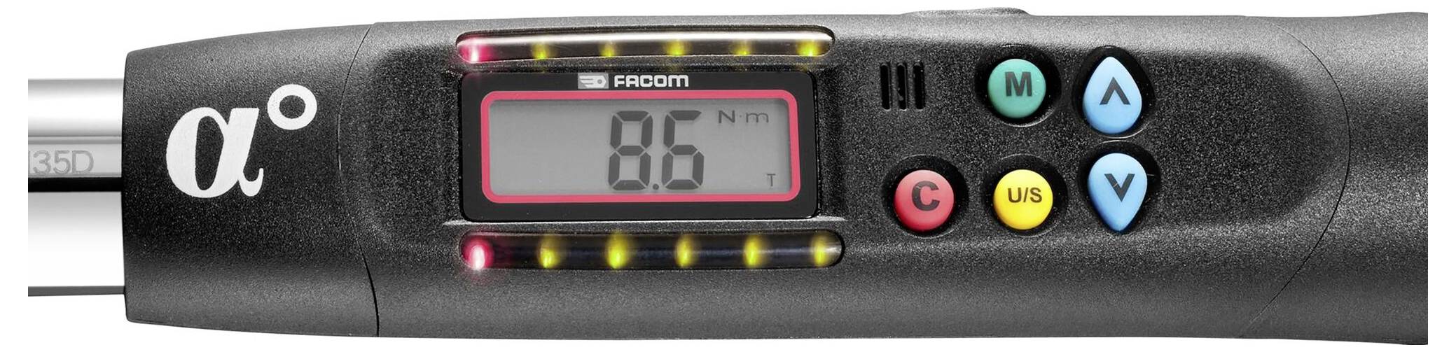 Digitaler Drehmomentschlüssel zeigt '8,6 Nm' auf Display. Tasten für Einstellungen: M, C, U/S, Pfeil nach oben und unten.