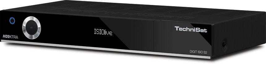 Ein schwarzer TechniSat HD-SAT-Receiver DIGIT ISIO S2 mit digitaler Anzeige. Verwendet zur TV-Satellitenempfang.