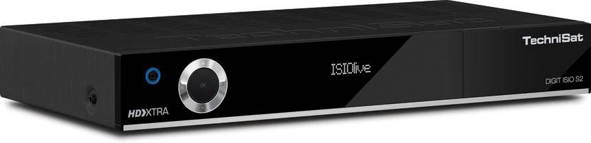 Ein schwarzer digitaler Satellitenreceiver der Marke TechniSat mit silbernem Drehknopf und digitalem Display vorne. Modell DX107.
