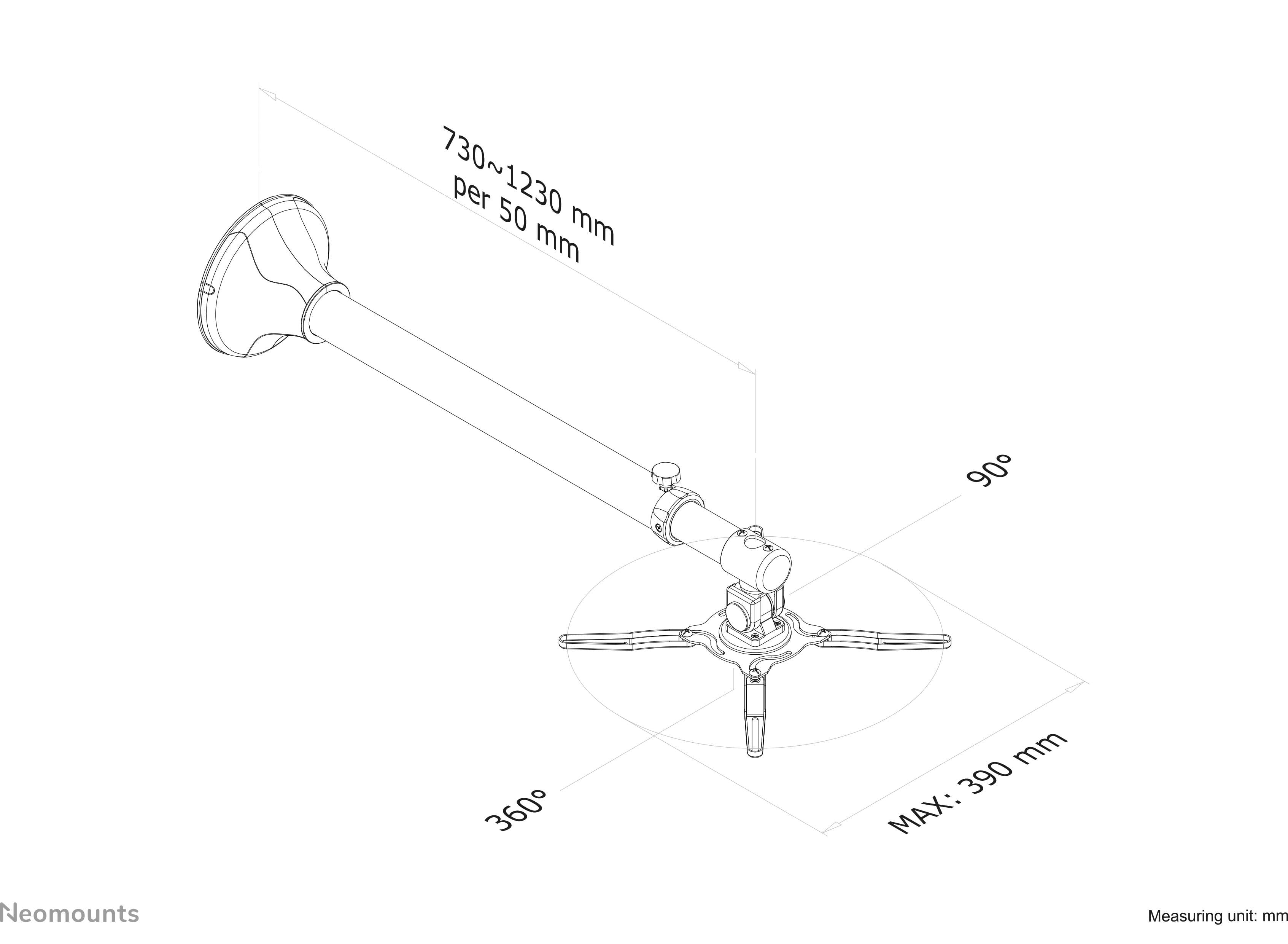 Linienzeichnung eines verstellbaren Wandhalterungsarms. Zeigt Neigung und Länge der Halterung. Maximaler Abstand 390 mm, Länge 730-1230 mm.