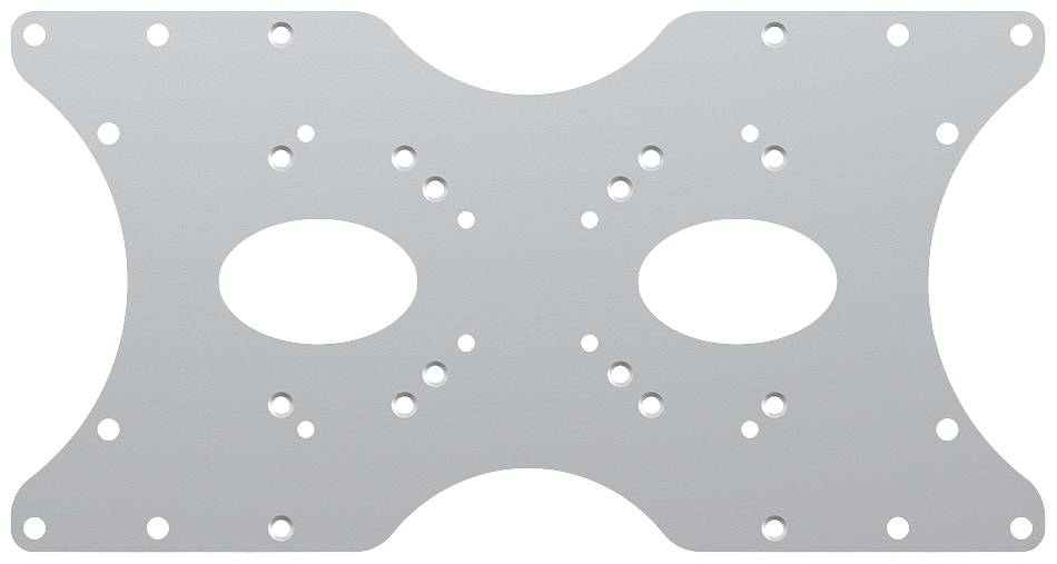 Metalladapterplatte mit mehreren Löchern zur Montage. Rechteckige Form mit abgerundeten Ecken und symmetrischem Design.