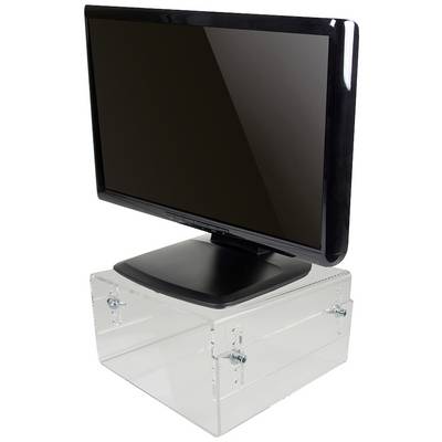 Ein Monitor steht auf einem transparenten, verschraubten Plastikkasten. Der Monitor ist ausgeschaltet.