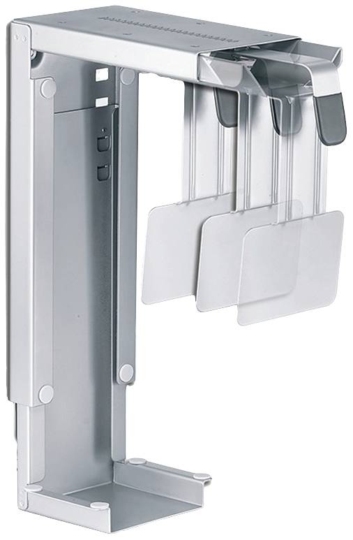 Metallisches Halterungssystem für Computergehäuse, das vertikal an einem Schrank montiert wird, mit verstellbaren Schienen.