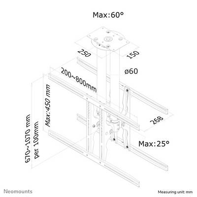 'Halterungsschema: Verstellbare Deckenhalterung mit max. Neigung 60° und 25°, Höhenbereich 610–1070 mm, Maßeinheit: mm.'