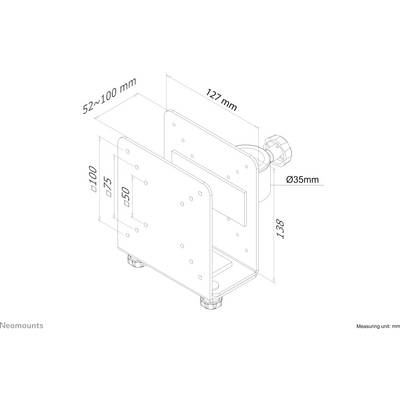 Technische Zeichnung einer verstellbaren Halterung mit Maßen. Hauptplattenmaße 127x100, Breite 52-100 mm, Höhe 138 mm, Rohrdurchmesser 35 mm.