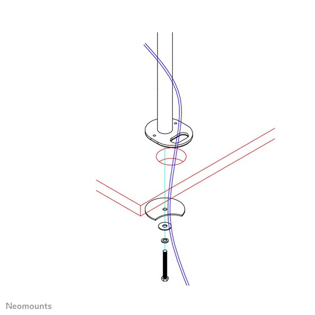 Diagramm einer Deckenhalterung mit Schraube, Kabel und Montageplatte. Zeigt den Montageprozess für ein Neomounts-Produkt.