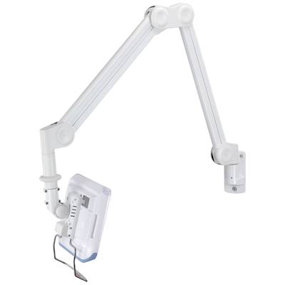Ein weißer, verstellbarer Monitorarm zur Wandmontage, der ein elektronisches Gerät hält. Ideal für flexible Bildschirmpositionierung.