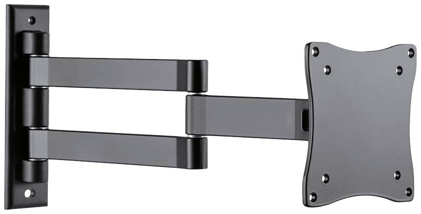 Schwarze, schwenkbare Wandhalterung für Fernseher oder Monitor, mit einstellbaren Armen und mehreren Montagemöglichkeiten.