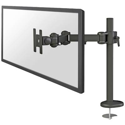 'Schwenkbarer Monitorarm in Schwarz, der an einem Tisch befestigt ist. Er hält einen Monitor und ermöglicht flexible Positionierung.'