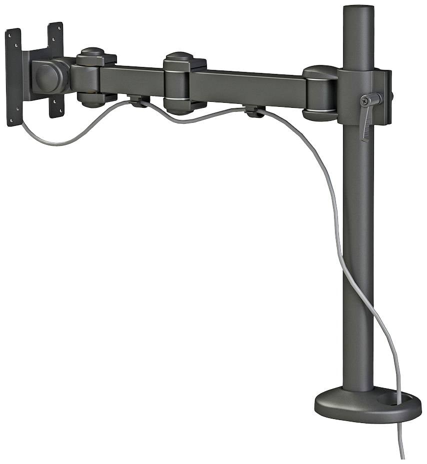 Ein verstellbarer Monitorarm mit zwei Gelenken und Kabelmanagement. Er ist an einem vertikalen Pfosten montiert und dient zur Befestigung eines Computerbildschirms.