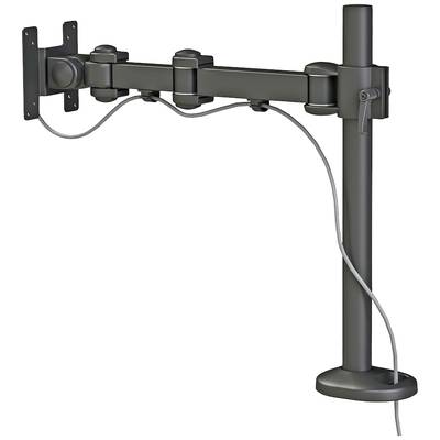 Ein verstellbarer Monitorarm mit zwei Gelenken und Kabelmanagement. Er ist an einem vertikalen Pfosten montiert und dient zur Befestigung eines Computerbildschirms.