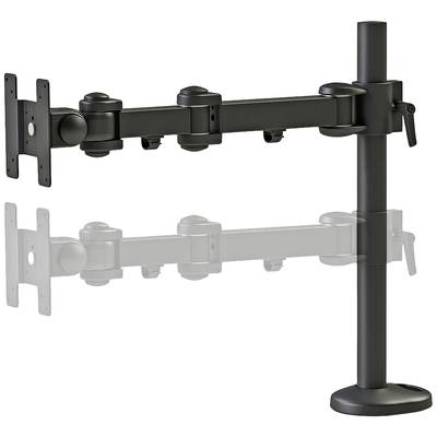 Ein verstellbarer Monitorarm in schwarz, montiert auf einem Ständer mit zwei horizontalen Armen, die Positionen flexibel ändern können.