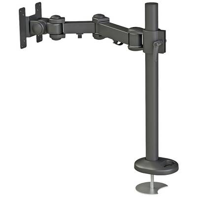 Flexibler Monitorarm aus Metall, befestigt auf einem Schreibtisch. Verstellbar in Höhe und Winkel, zur ergonomischen Anpassung eines Monitors.