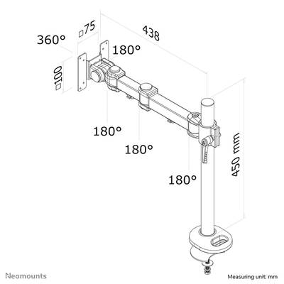 Montageanleitung für einen Monitorarm. Details der Gelenke mit Drehwinkeln von 180° und 360°, Maße in mm angegeben.