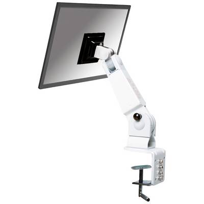 Ein verstellbarer Monitorarm mit Schraubklemme zur Befestigung an einem Tischrand. Der Bildschirm ist geneigt und schwenkbar.