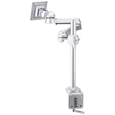 Verstellbarer silberner Monitorarm mit mehreren Gelenken zur Befestigung an einem Tischrand. Ideal zur ergonomischen Monitoreinstellung.