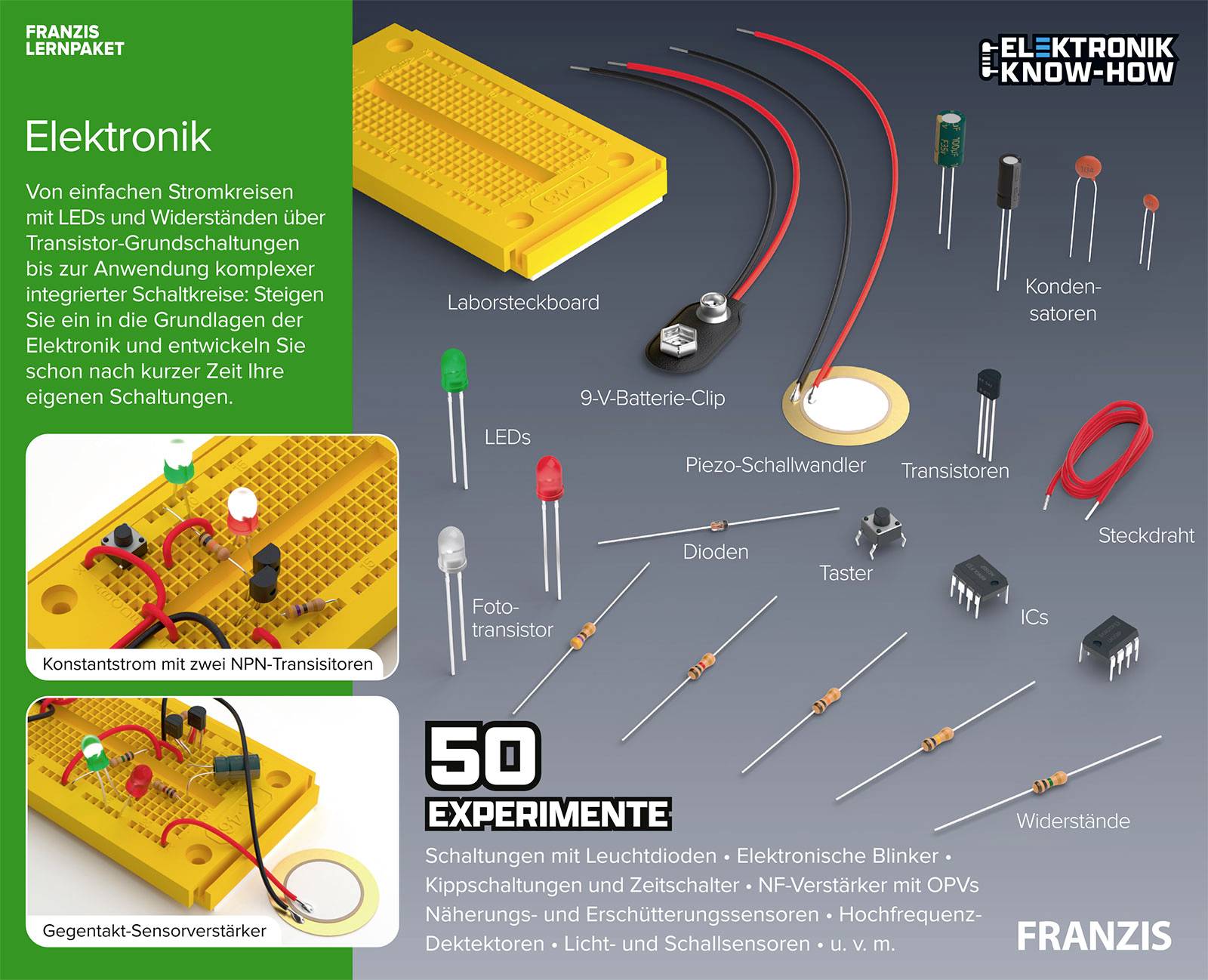 Ein Elektronik-Set mit Bauteilen wie LEDs, Widerständen und Transistoren auf einem Laborsteckbrett. Titel: '50 Experimente'.