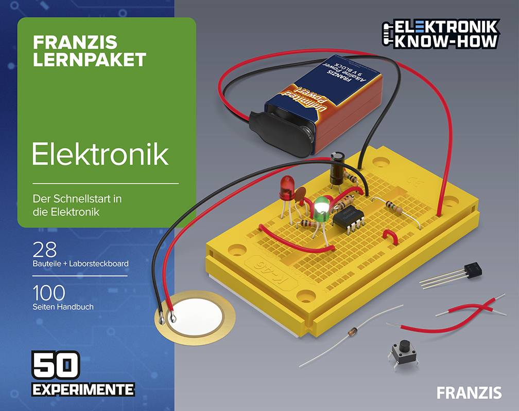 'Franzis Lernpaket Elektronik: Schnellstart in die Elektronik mit 28 Bauteilen und Steckboard. Enthält 50 Experimente.'
