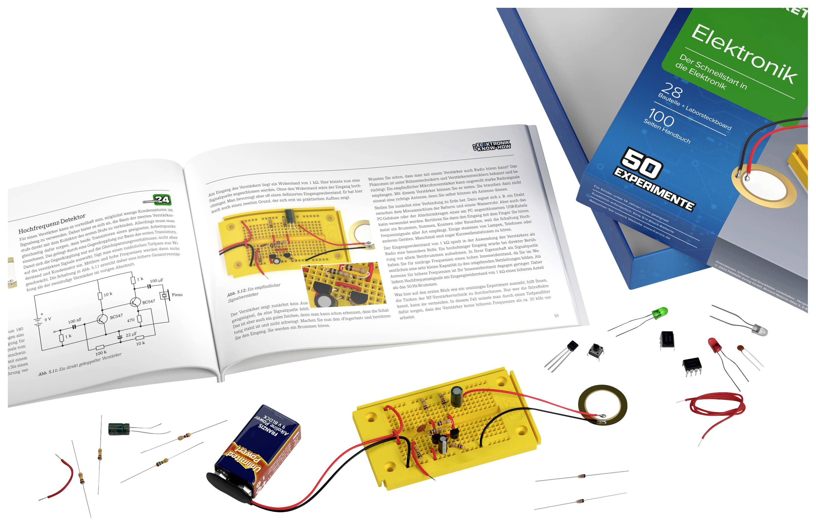Elektronik-Experimentierset mit offenem Handbuch, gelbem Breadboard, Batterie und elektronischen Bauteilen; geeignet für 50 Experimente.
