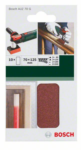 Verpackung für Bosch-Schleifpapier, 70 x 125 mm, Körnung 80 bis 240, mit Gebrauchsanwendung.