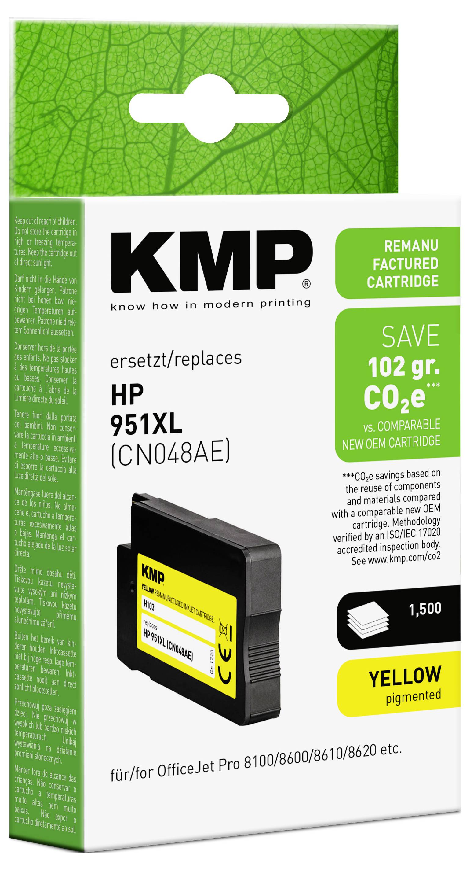 KMP nachgefertigte gelbe Tintenpatrone im Karton für HP 951XL, gekennzeichnet mit „Sparen Sie 102 gr. CO2", kompatibel mit OfficeJet Pro-Druckern.