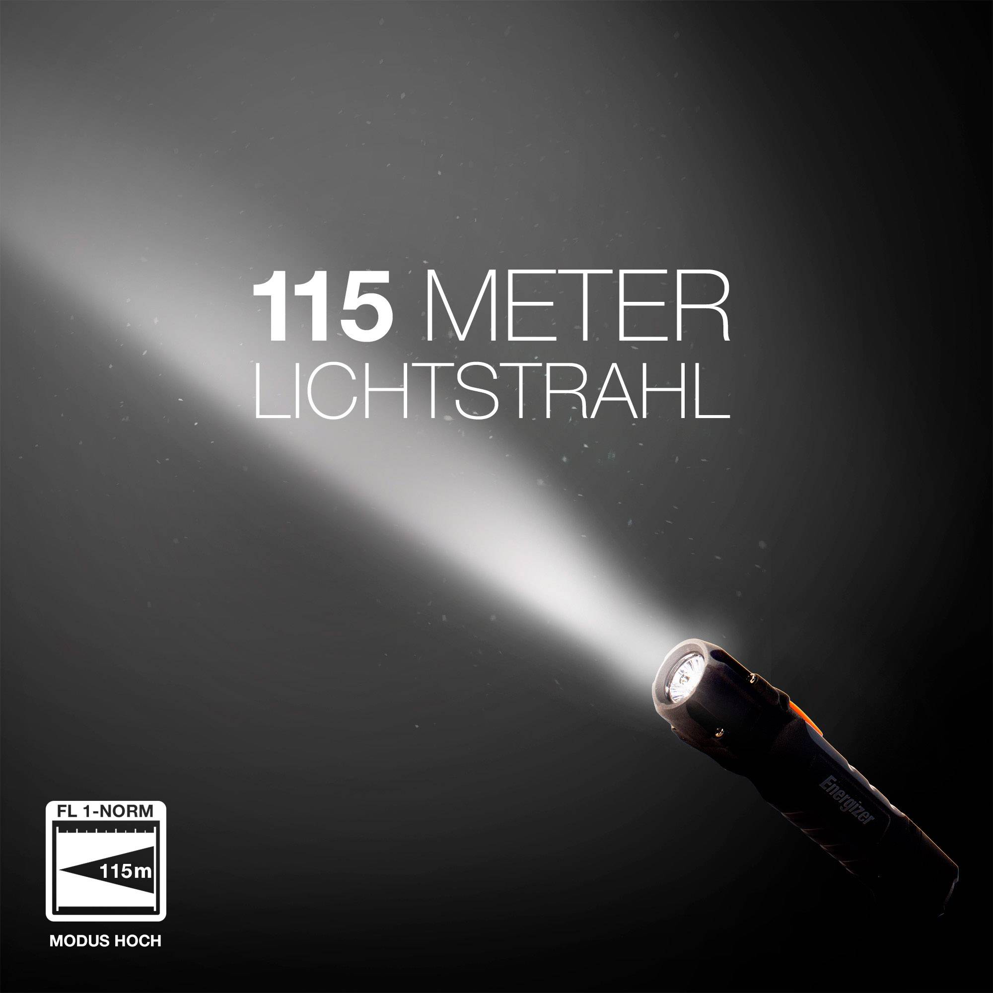 Taschenlampe projiziert Lichtstrahl von 115 Metern. Text: '115 Meter Lichtstrahl'. Unten links Symbol für FL-1 Norm, Modus Hoch, 115m.