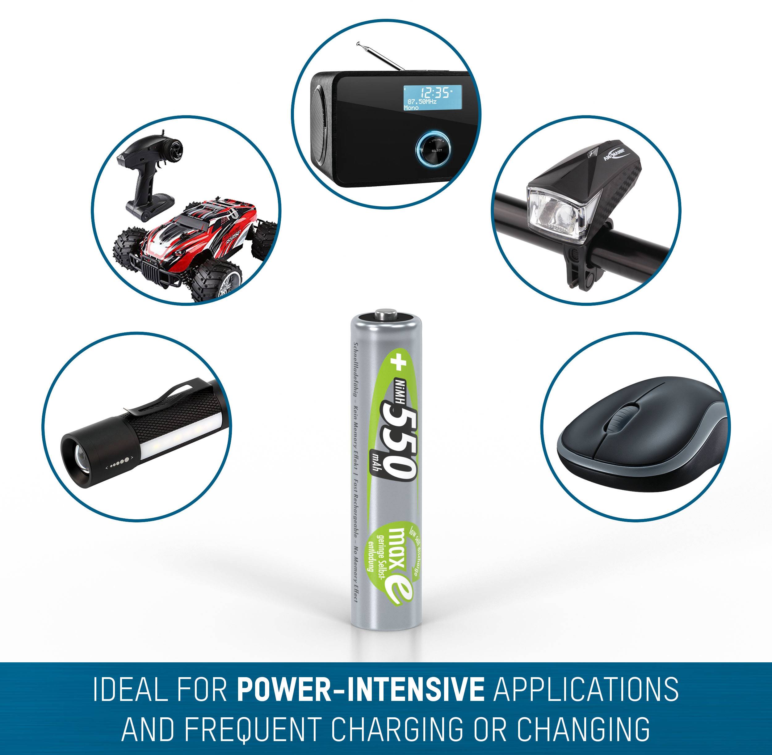 Akku im Zentrum, umgeben von Bildern eines RC-Autos, einer Powerbank, einer Fahrradleuchte, einer Taschenlampe und einer Computermaus. Ideal für stromintensive Anwendungen.