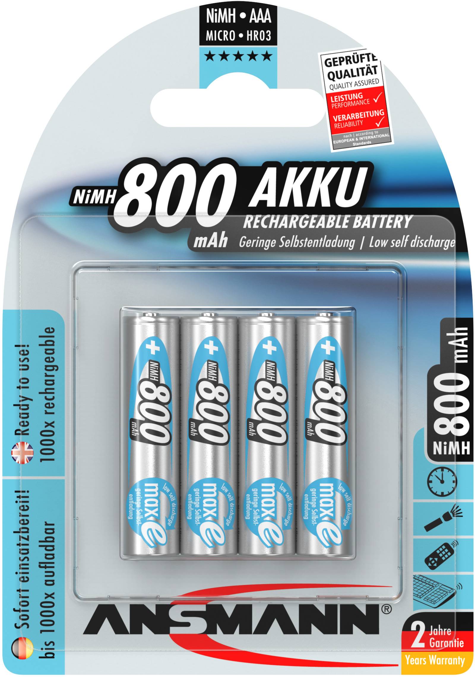 'ANSMANN NiMH AAA 800 mAh Akkus, wiederaufladbar, geringe Selbstentladung, 2 Jahre Garantie. Enthält 4 Batterien in einer Verpackung.'