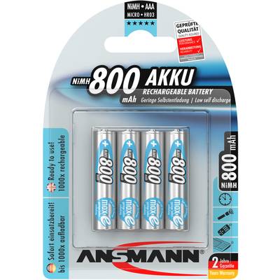 'ANSMANN NiMH AAA 800 mAh Akkus, wiederaufladbar, geringe Selbstentladung, 2 Jahre Garantie. Enthält 4 Batterien in einer Verpackung.'