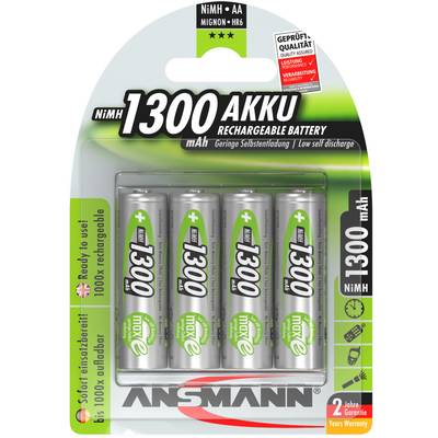 'ANSMANN NiMH 1300 mAh Akkus, 4er-Pack, wiederaufladbar, geringe Selbstentladung, 2 Jahre Garantie' steht auf der Verpackung.