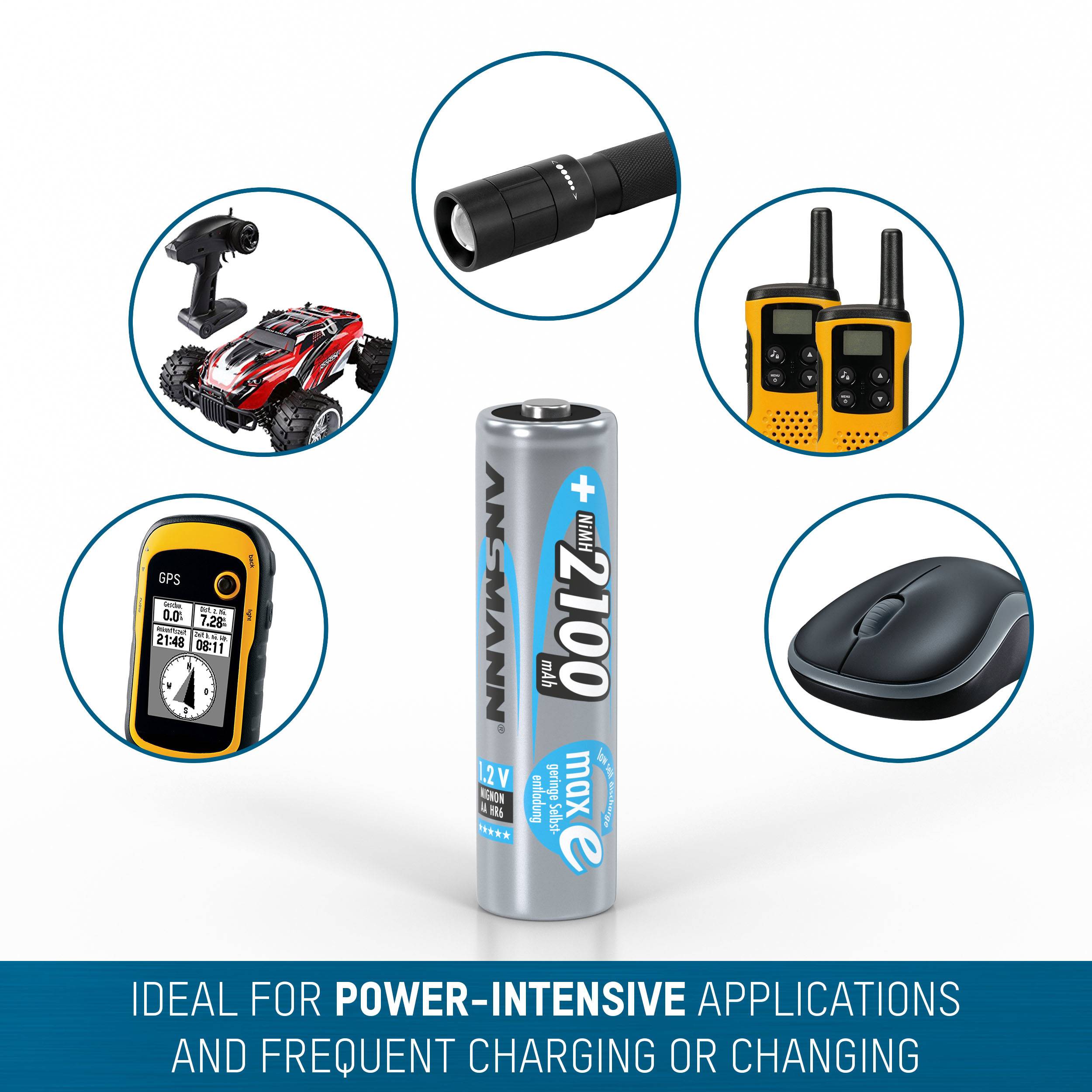 'Akkubatterie in der Mitte, umgeben von Symbole für Spielzeugauto, Taschenlampe, Walkie-Talkies, GPS-Gerät und Maus. Text: Ideal für stromintensive Anwendungen.'