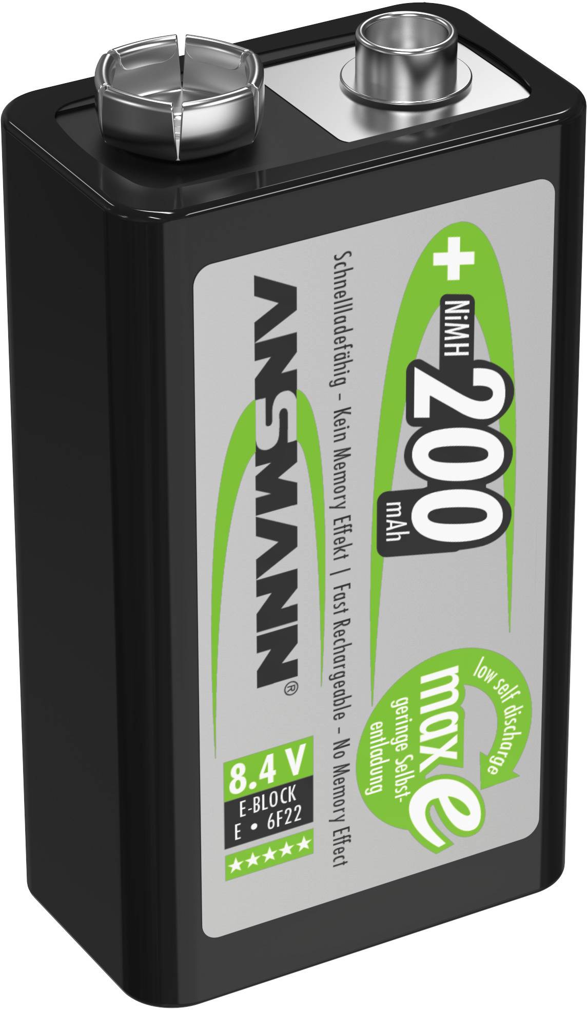 Eine 8,4V NiMH-Batterie von ANSMANN mit 200mAh. Sie ist als wiederaufladbar gekennzeichnet und wirbt mit schnellem Laden und ohne Memory-Effekt.