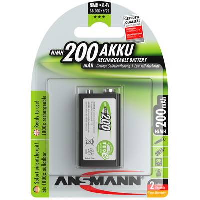 Verpackung einer wiederaufladbaren Ansmann 200 mAh NiMH 9V Batterie, grün-schwarzes Design, betont geringe Selbstentladung und lange Garantie.
