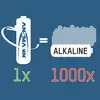 '1x wiederaufladbare Batterie entspricht 1000x Alkali-Batterien.' Zeigt Umweltvorteile von wiederaufladbaren Batterien.