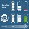 Vergleich der Entladung von Standard NiMH-Batterien und maxE-Batterien über 12 Monate. maxE zeigt weniger Entladung.