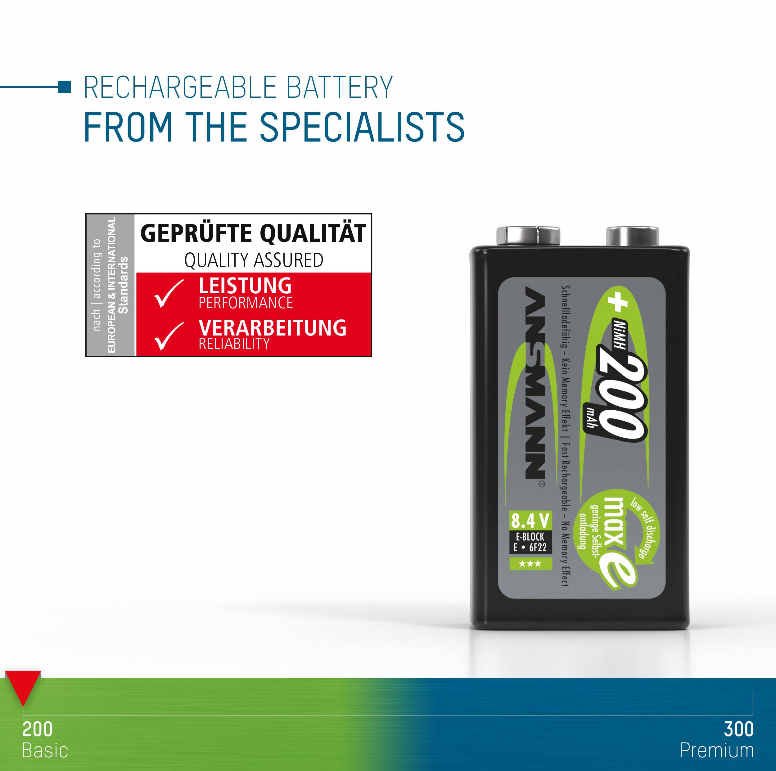 Image einer wiederaufladbaren Batterie, 9 Volt, auf weißem Hintergrund. Text 'RECHARGEABLE BATTERY FROM THE SPECIALISTS'. Qualitätsiegel betont Leistung und Zuverlässigkeit.