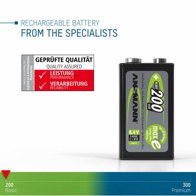 Image einer wiederaufladbaren Batterie, 9 Volt, auf weißem Hintergrund. Text 'RECHARGEABLE BATTERY FROM THE SPECIALISTS'. Qualitätsiegel betont Leistung und Zuverlässigkeit.
