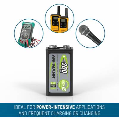 Eine '9V 200 MAX E'-Batterie von Ansmann, umgeben von einem Mikrofon, Funkgeräten und einem Multimeter. Darunter steht: 'Ideal für leistungsintensive Anwendungen und häufiges Laden oder Wechseln'.