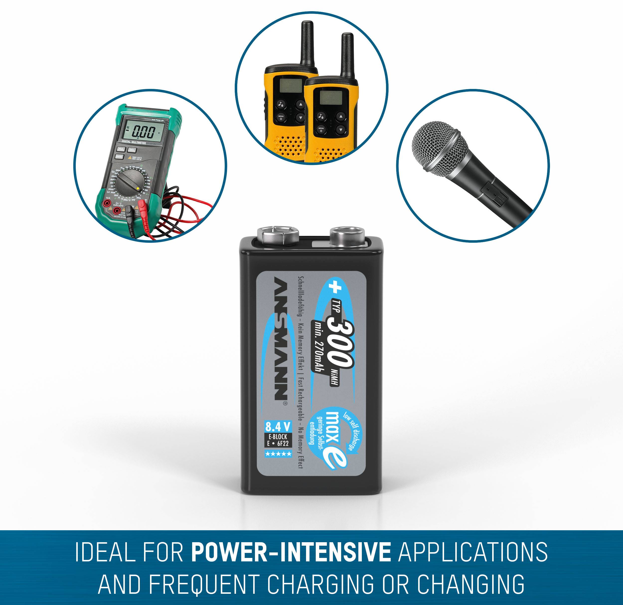Wiederaufladbare Blockbatterie, 300-mal aufladbar, geeignet für Anwendungen mit hohem Stromverbrauch wie Funkgeräte, Mikrofone.