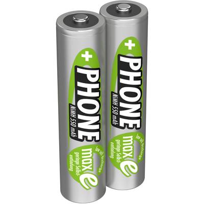 Zwei AA-Batterien mit grünem und schwarzen Etikett, beschriftet mit 'PHONE', 1.5V, 550 mAh.